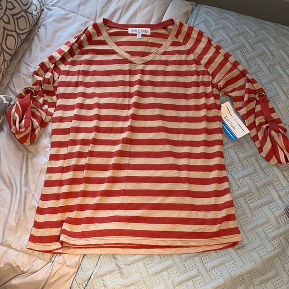Kate Parks lightweight vee neck long sleeve horizontal striped tee rust PL NWT - Picture 5 of 13
